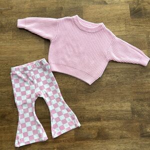 NWOT Lucky Panda Kids Chunky Knit Sweater and Checkered Flare Pants Set